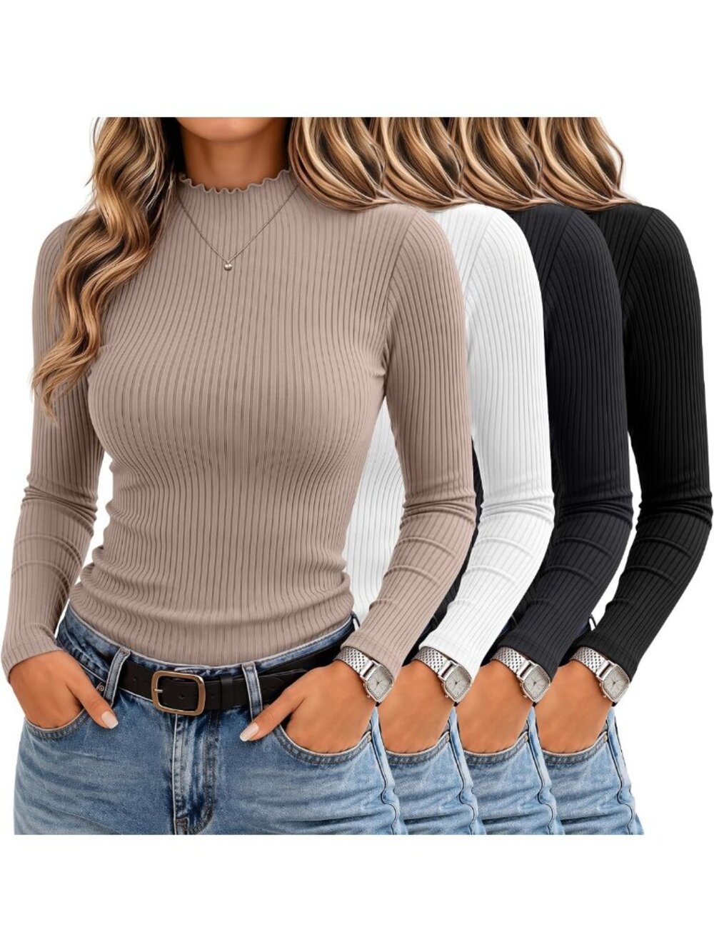 4 Pack Women's Cotton Mockneck Ribbed Long Sleeve Tops - Stylish & Comfy
